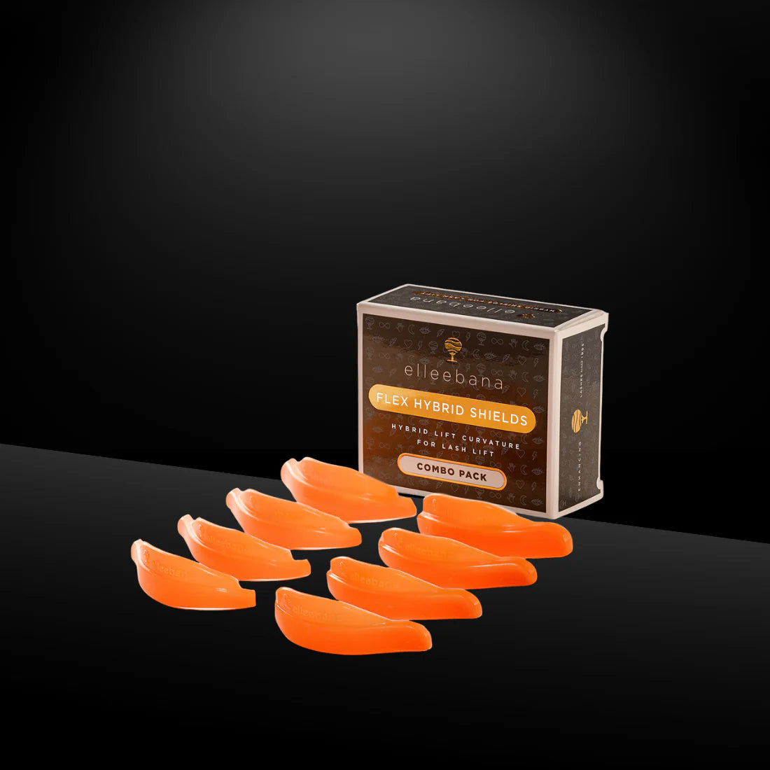 Orange hair extensions in front of a box labeled elleebana Flex Hybrid Shields' on a black background