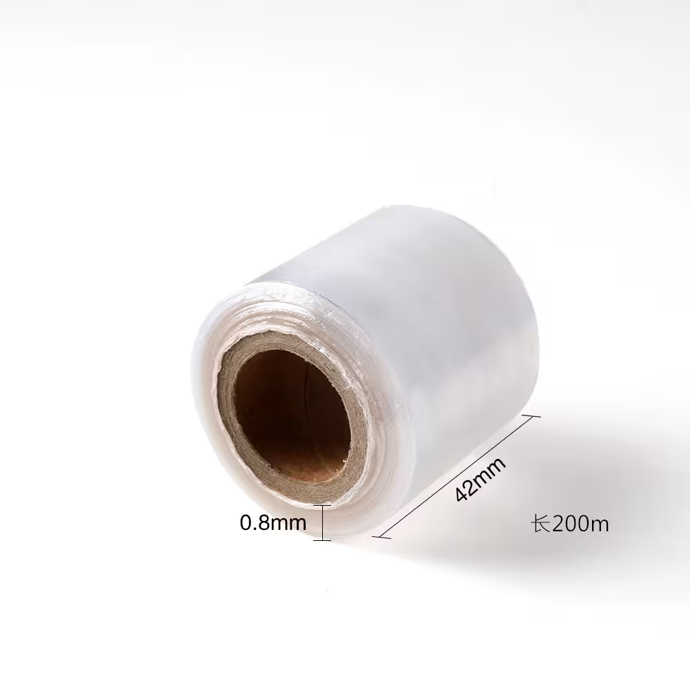 Roll of clear plastic sheeting with dimensions labeled on a white background