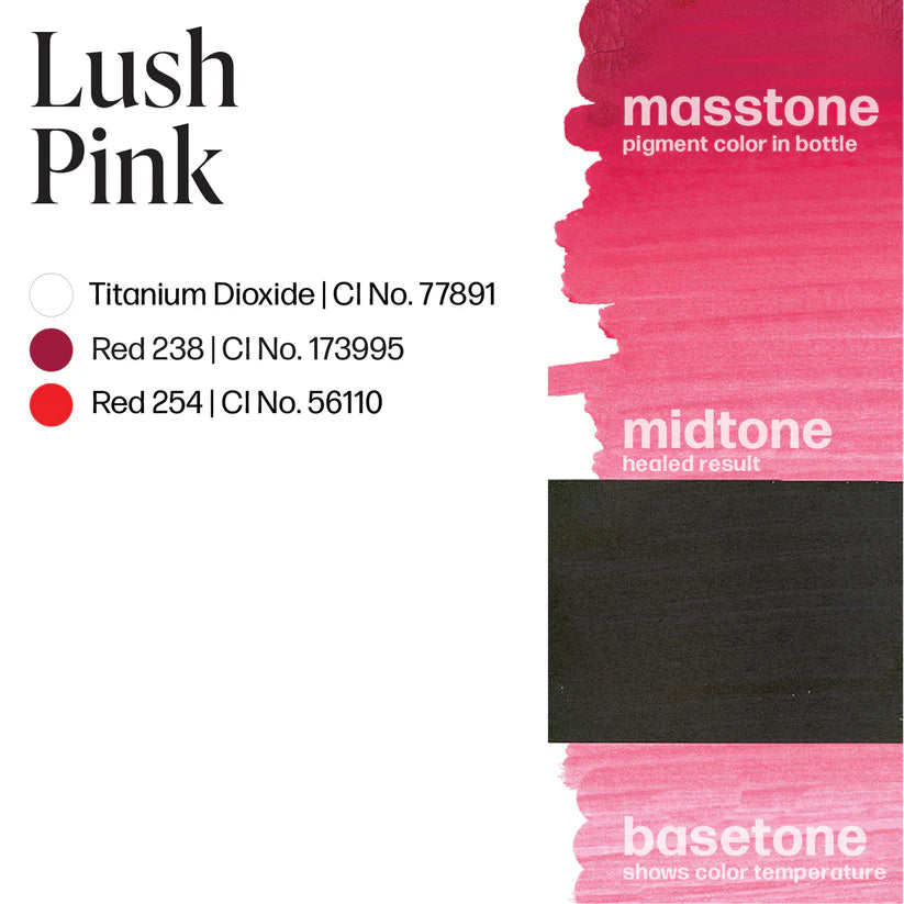 Color swatch and information for 'Lush Pink' with color names and codes.