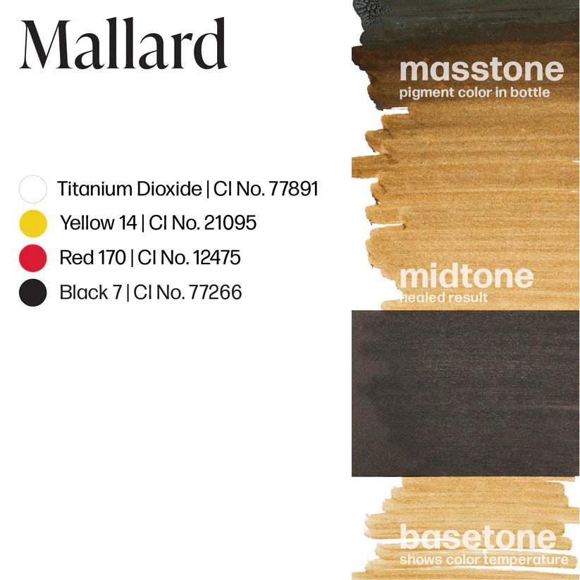 Color swatch with 'Mallard' and 'masstone' branding, showing a gradient from yellow to black.