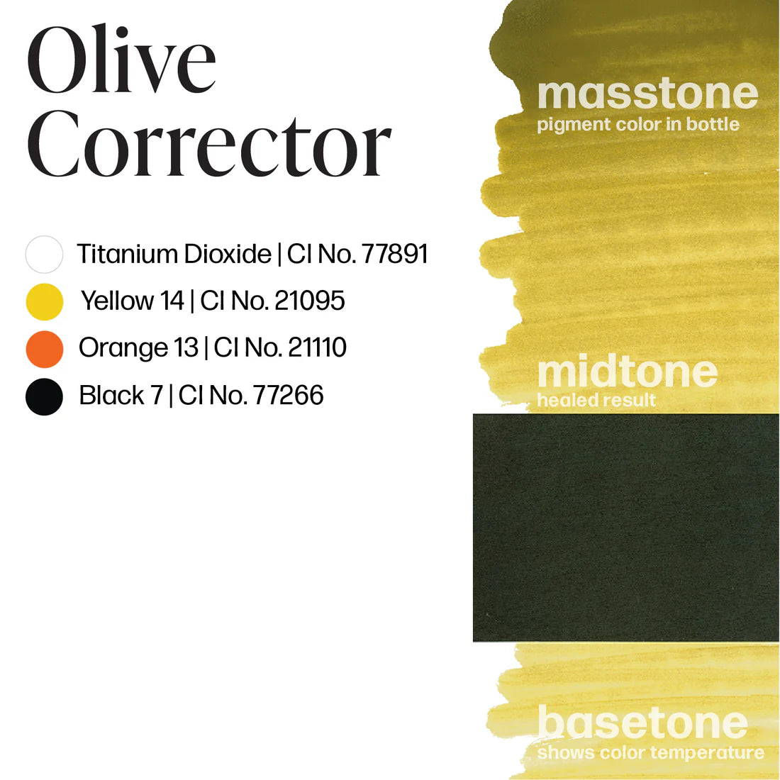 Olive Corrector color swatch with color names and numbers on a white background