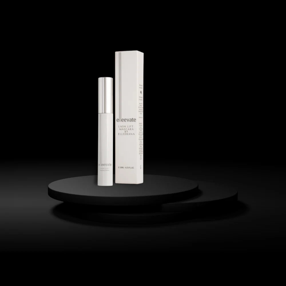 Two skincare ellevate lash lift mascara products on a black platform with a black background