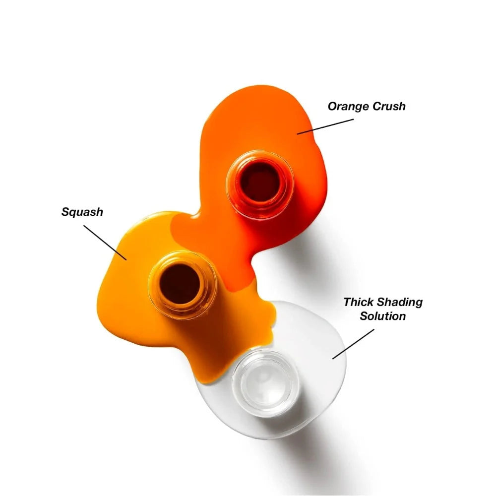 Color mixing chart with orange and yellow shades labeled 'Orange Crush' and 'Squash'.