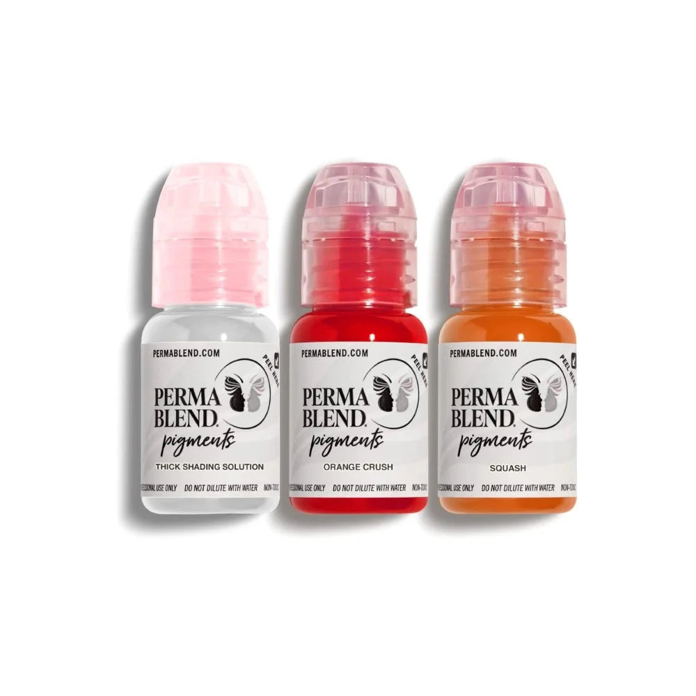 Three bottles of Perma Blend pigments on a white background