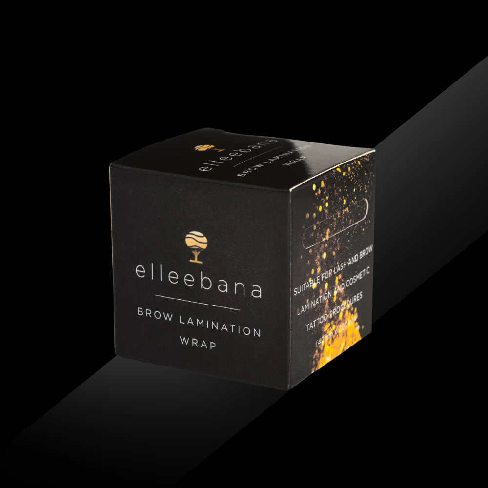 Black box of elleebana brow lamination wrap on a reflective black surface