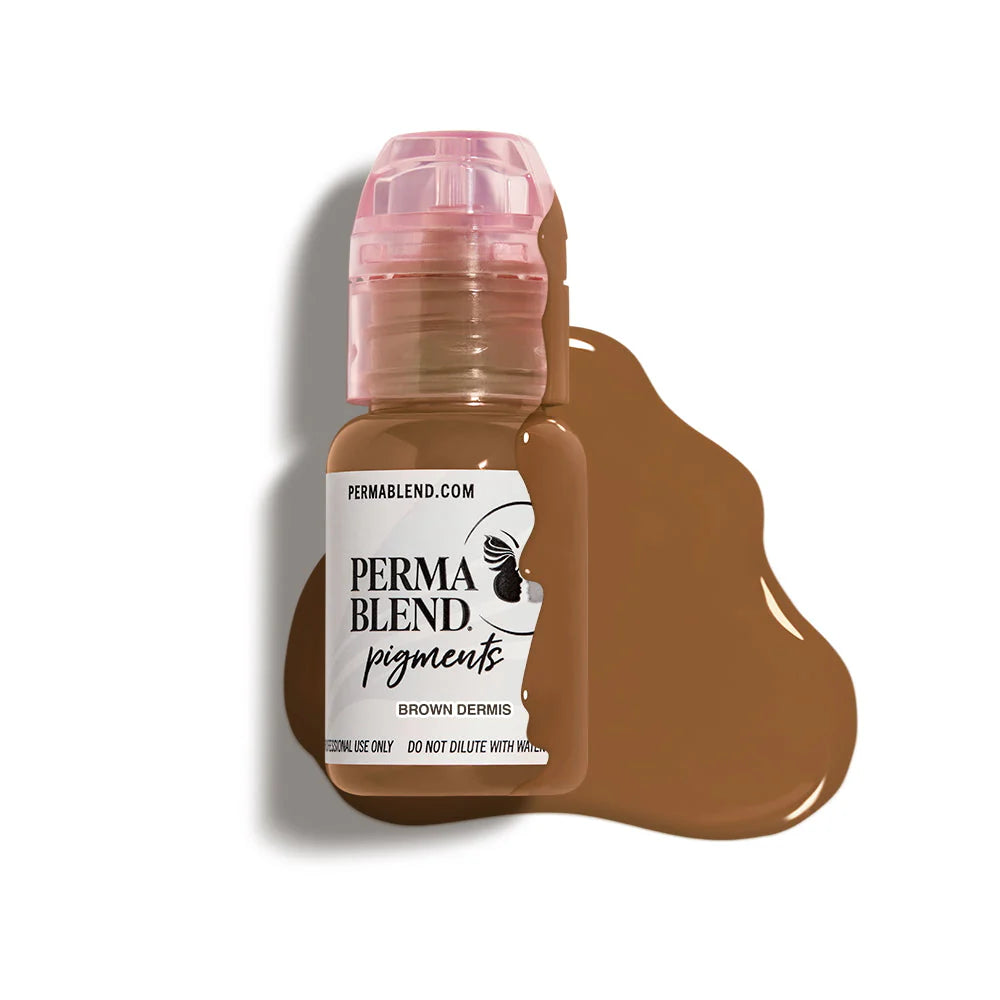 Perma Blend pigments bottle with brown color 'Brown Dermis' swatch on a white background