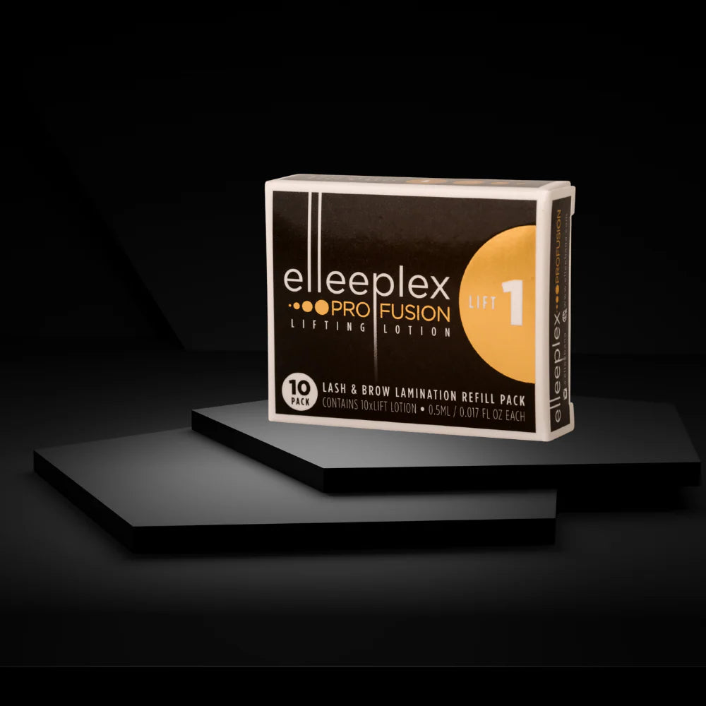 elleeplex ProFusion lash and brow lamination refill pack  Lift 1 on a black platform with a black background