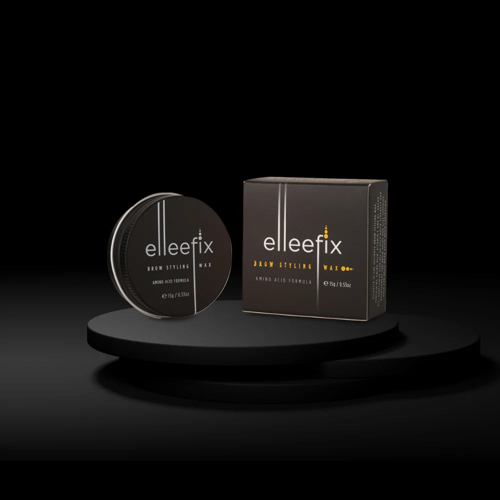 Elleefix Brow Styling Wax
 container and packaging on a black background