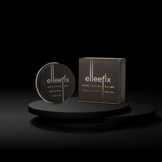 Elleefix Brow Styling Wax
 container and packaging on a black background