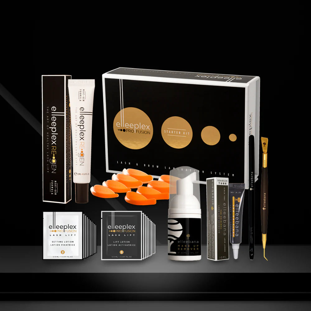 Collection of Elleeplex starter kit profusion products on a black background