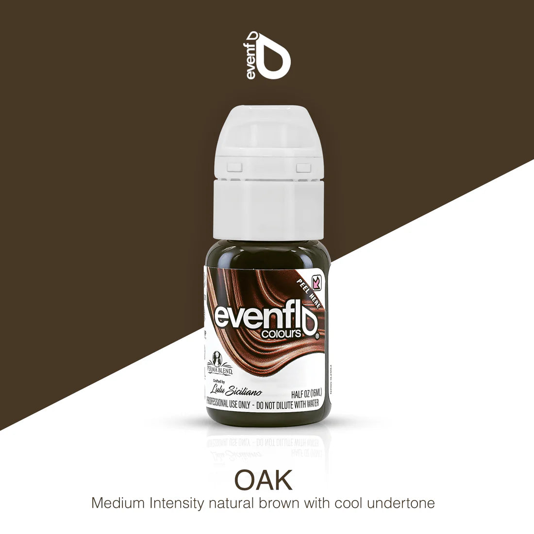 Bottle of evenflo colours hair dye with 'Oak' color on a brown and white background