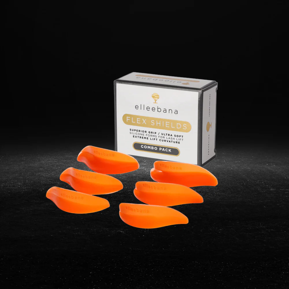 Orange flex shields with Elleebana Flex Shields packaging on a black background