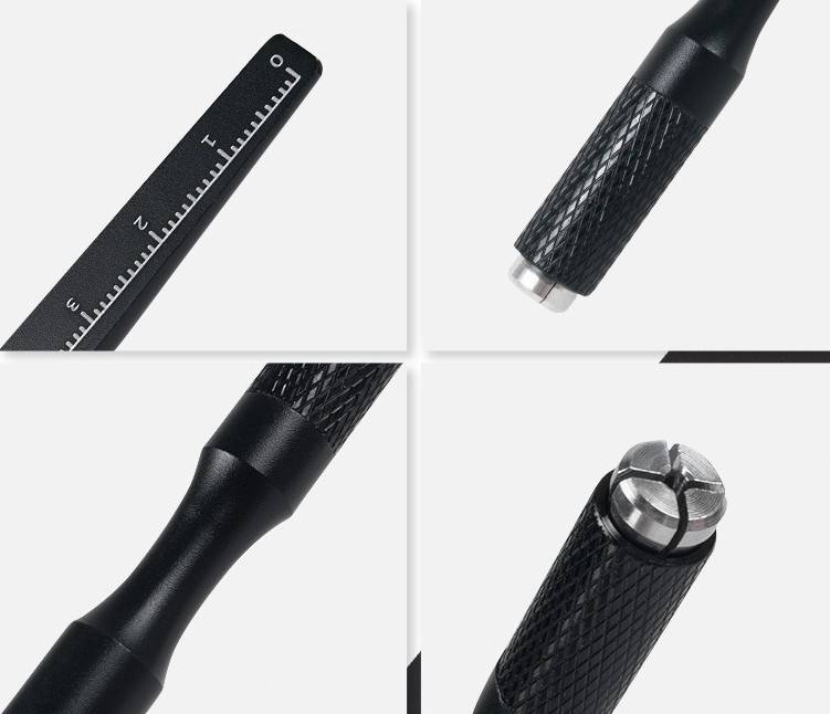 Close-up of a black cylindrical object with textured surface and measurement scale on a white background