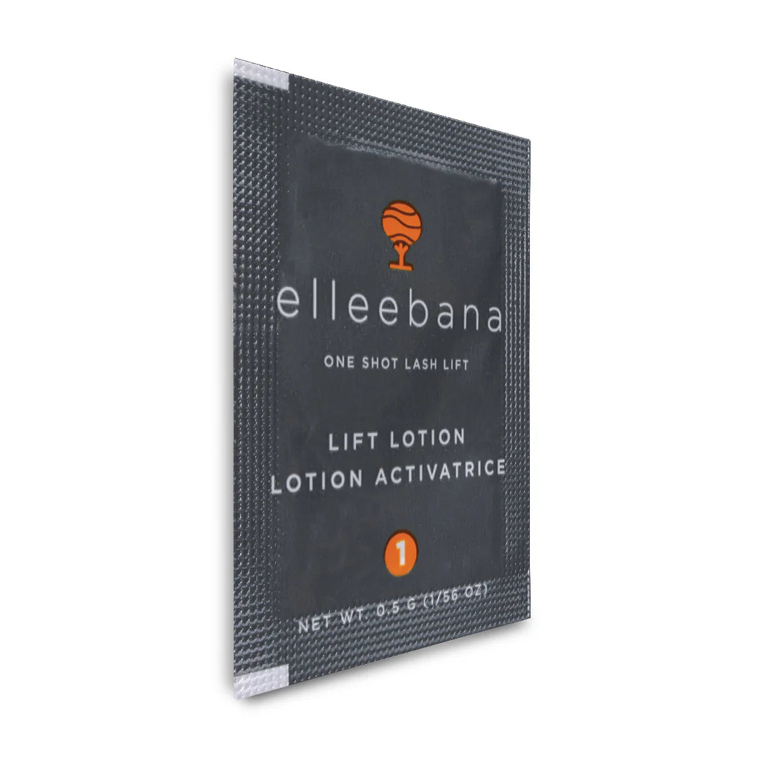 Elleebana lash lift lotion activator packet on a white background