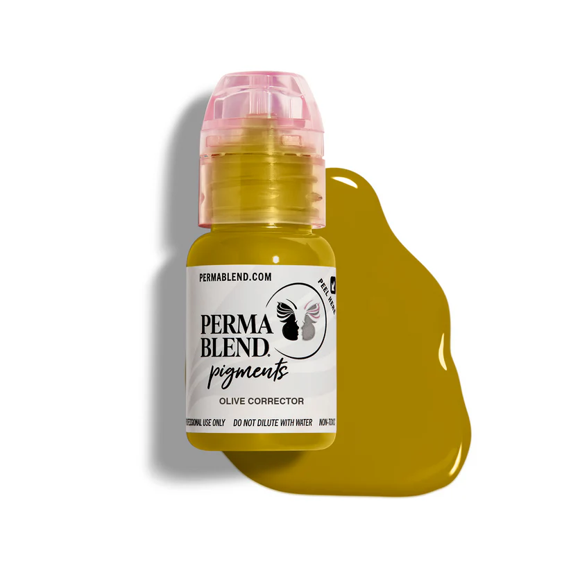 Perma Blend pigments bottle with olive color swatch on a white background