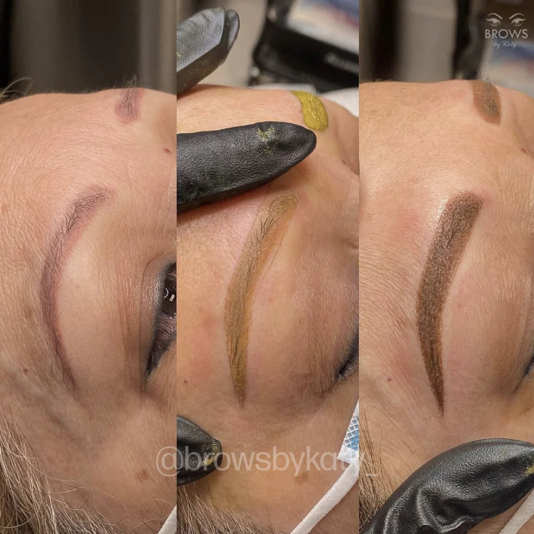 Before and after comparison of eyebrow tattooing process.