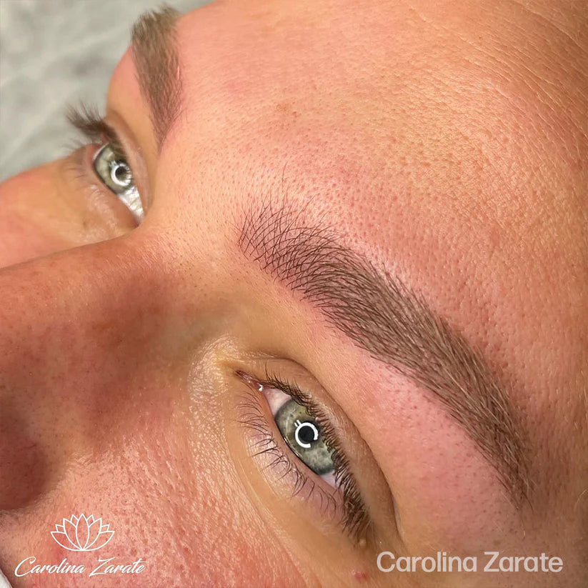 Close-up of a person's eye with well-groomed eyebrow, branded 'Carolina Zarate'.