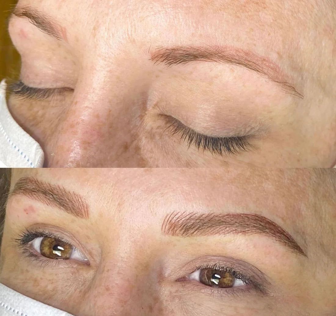 Before and after comparison of eyebrow grooming on a person's face.