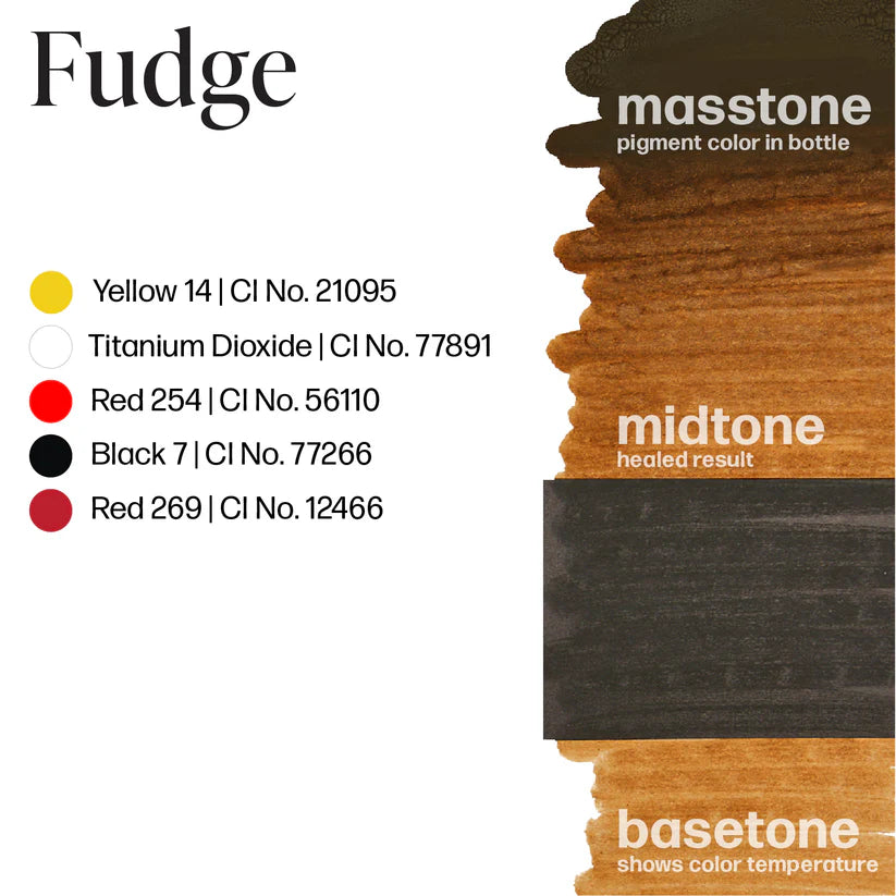 Color swatch with 'Fudge' and color information on a white background