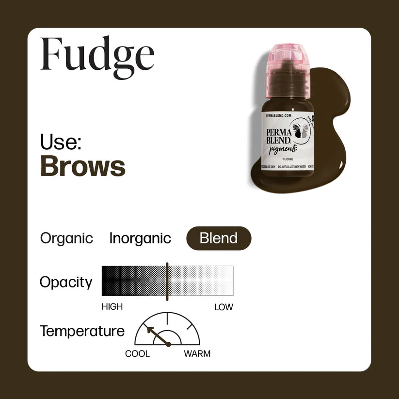 Fudge brow product packaging with label and color swatch on a white background