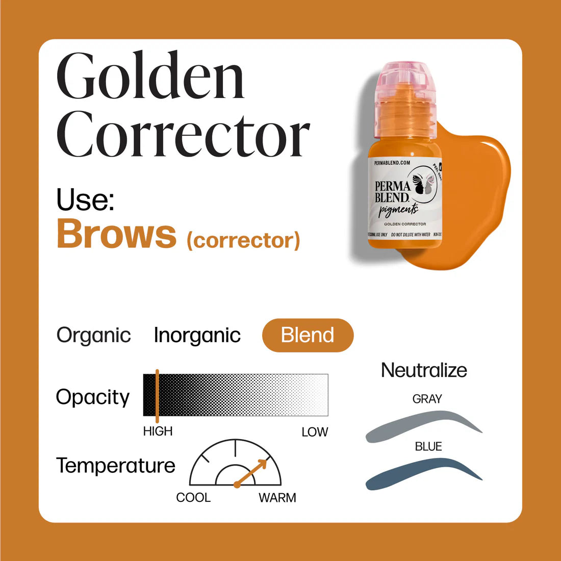 Product packaging for 'Golden Corrector' with a bottle illustration on an orange background.