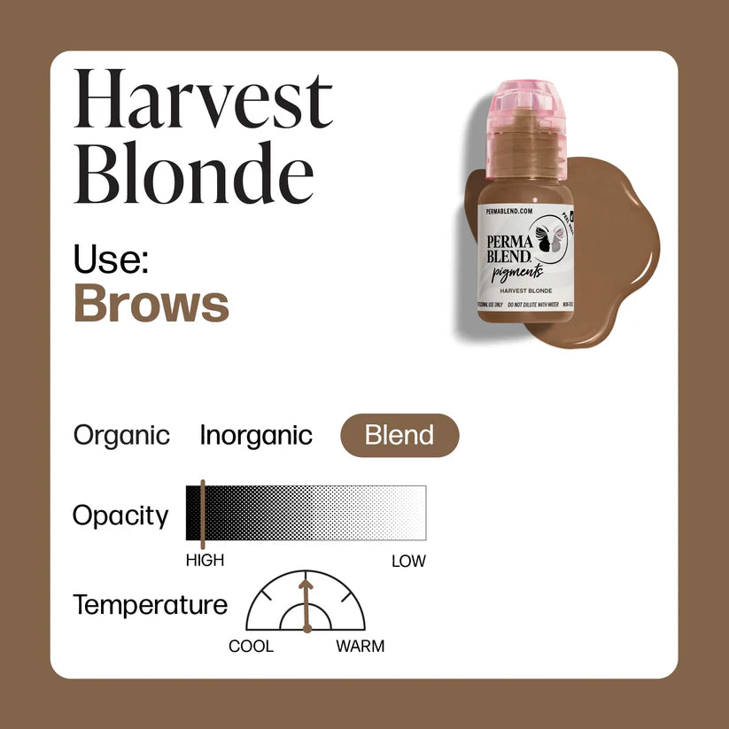Harvest Blonde hair color product with label and swatch on a brown background