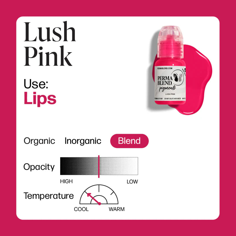 Lush Pink cosmetic product with label and color swatch on a pink background
