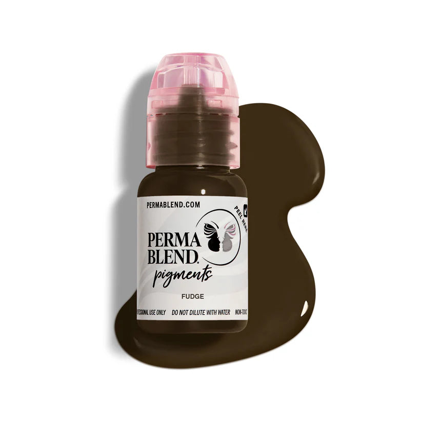 Perma Blend pigments bottle with fudge color swatch on a white background