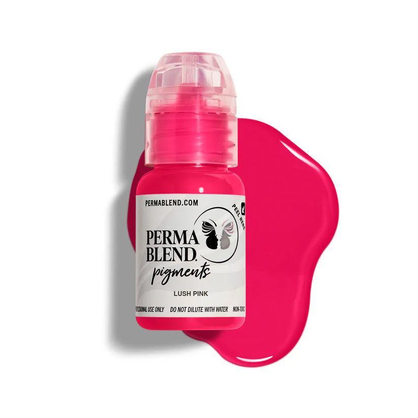 Perma Blend pigments bottle with pink color swatch on a white background