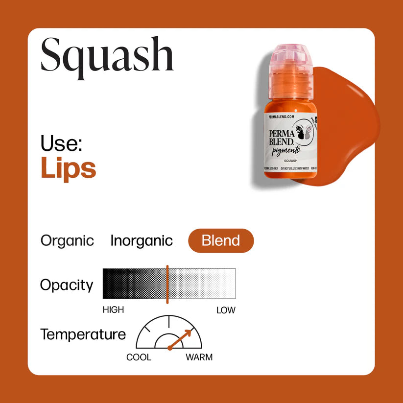 Perma Blend pigment bottle with Squash color swatch on an orange background