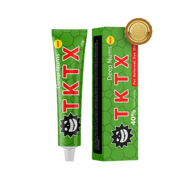 TKTX Deep Numbs 40% numbing cream in green tube with packaging, topical anesthetic for tattoos, microblading, and PMU procedures
