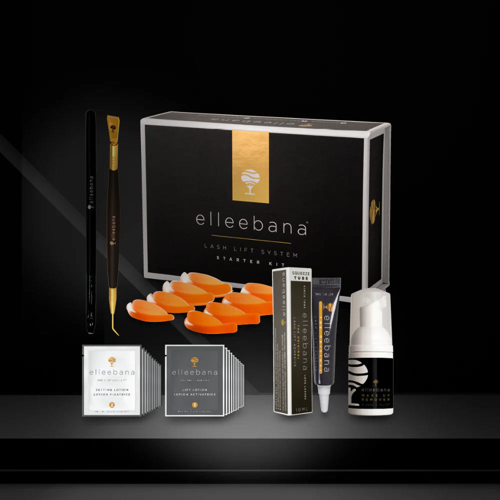 Elleebana lash lift system starter kit with various products on a black background